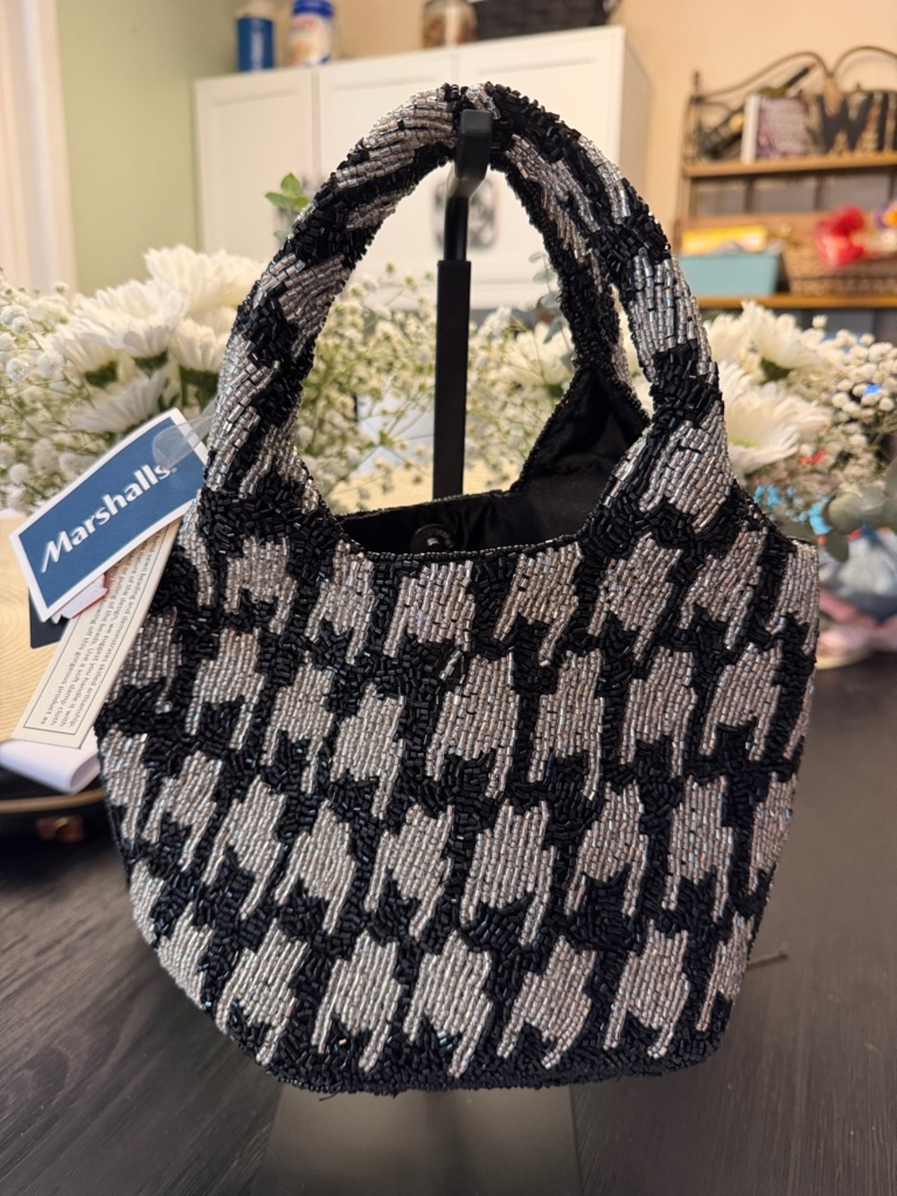 Marshalls Black and Silver Beaded Houndstooth Mini Tote